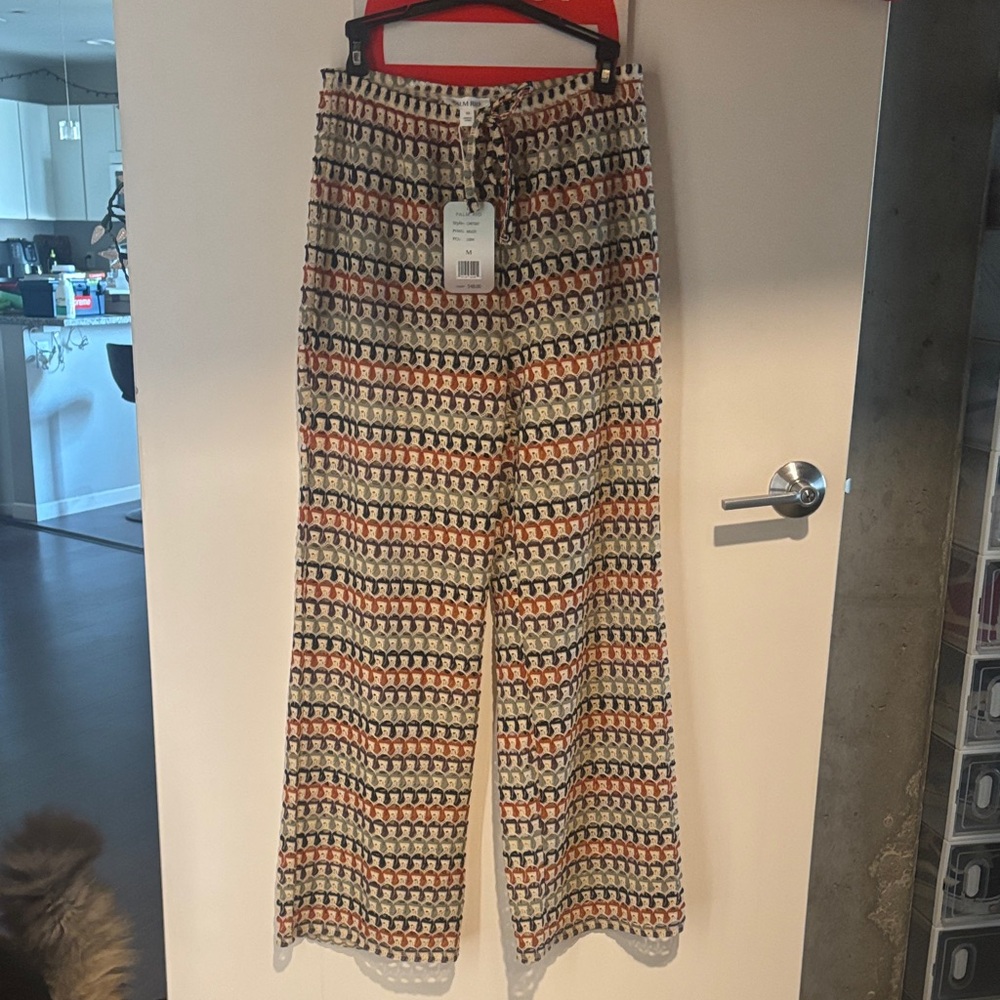 Wide Leg Printed Knit Pants in Cream, Orange & Navy
